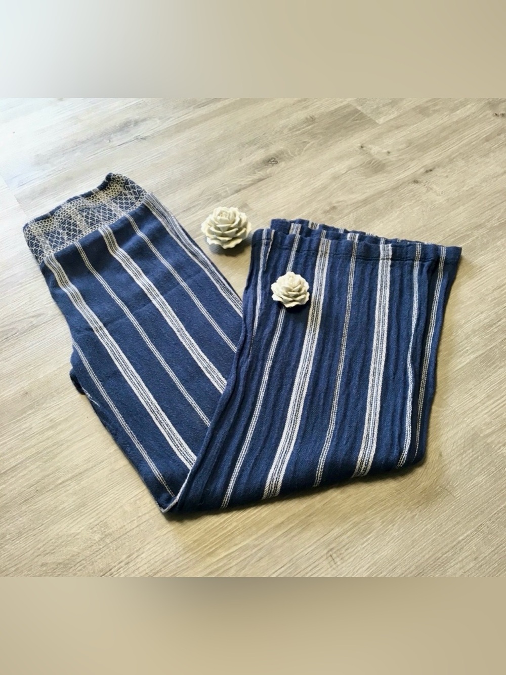 Navy & White Wide Leg Linen Gypsy Pants Striped Sz Medium M